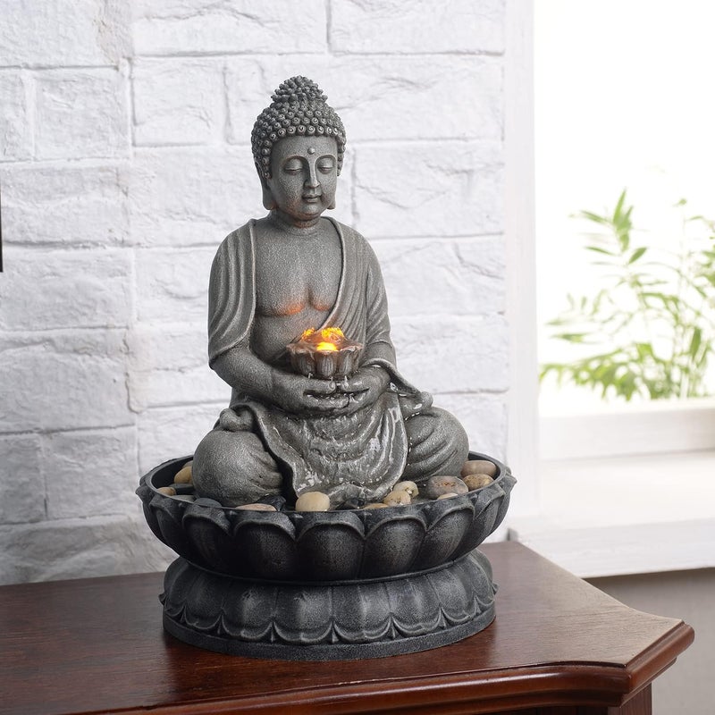 GOSSI 11.2 in Tall Indoor Décor Tabletop Buddha Fountains Desk Water Sitting Buddha Fountain Zen Fountain w/Reflective Lighting/Cobblestone Office and Home Decor - Image 5